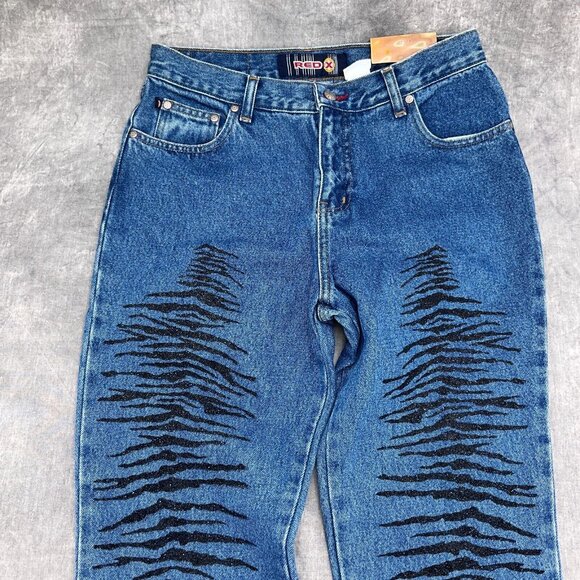 Red X Jeans Juniors 11 29Wx 31L Blue Black Tiger Stripe Glitter Bootcut Rock NWT - Picture 2 of 14